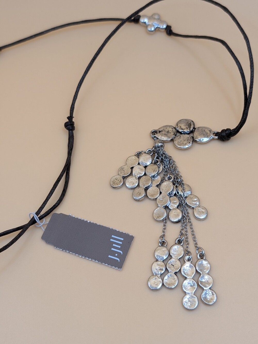 J. Jill Boho Statement Necklace Antiqued Silvertone Waterfall Tassel Adjustable